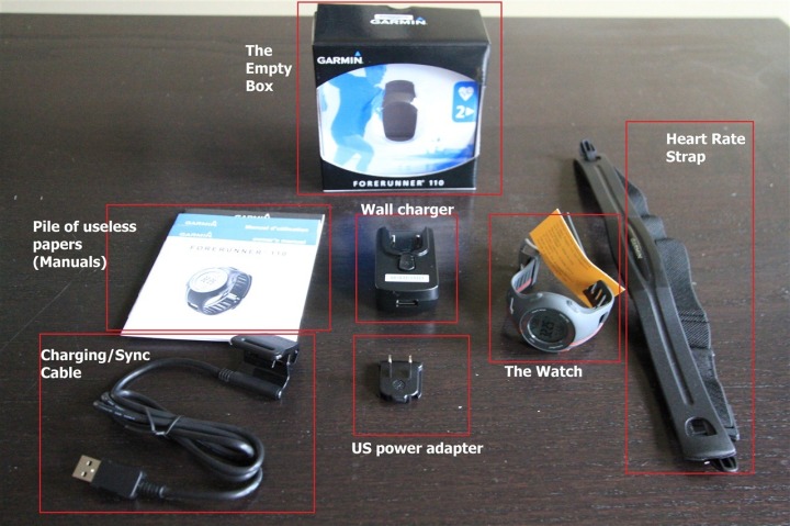 Garmin FR110 Unpacked Box Shot with labels Garmin FR110 Unpacked Box Shot with labels