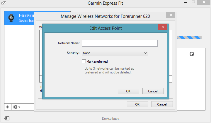 Garmin FIT Express with Garmin FR620 configuration of Wifi manual network Garmin FIT Express with Garmin FR620 configuration of Wifi manual network